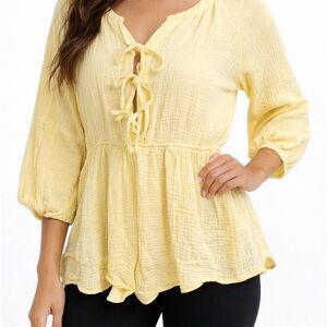 Pink Lily Light Yellow Gauze Peplum Tie-Front Blouse